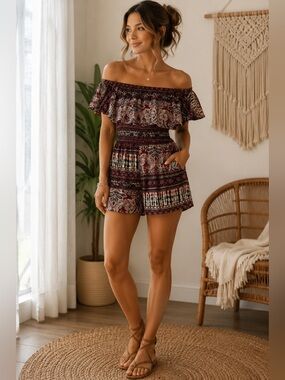 EyeCandy Burgundy and Cream Off-Shoulder Boho Romper